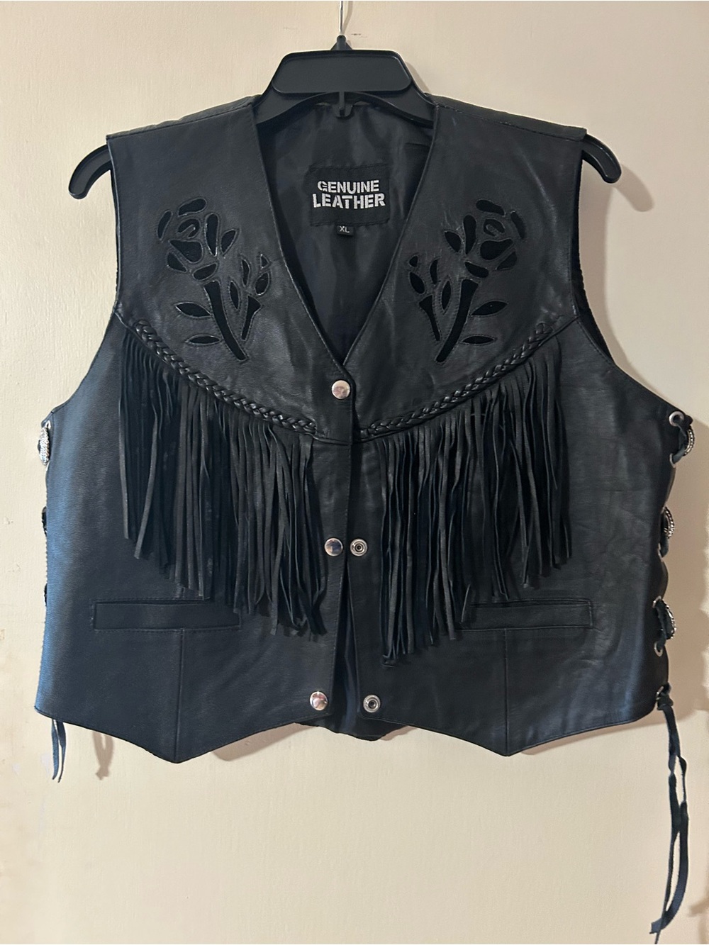 Black Fringe Vest with Floral Cutouts